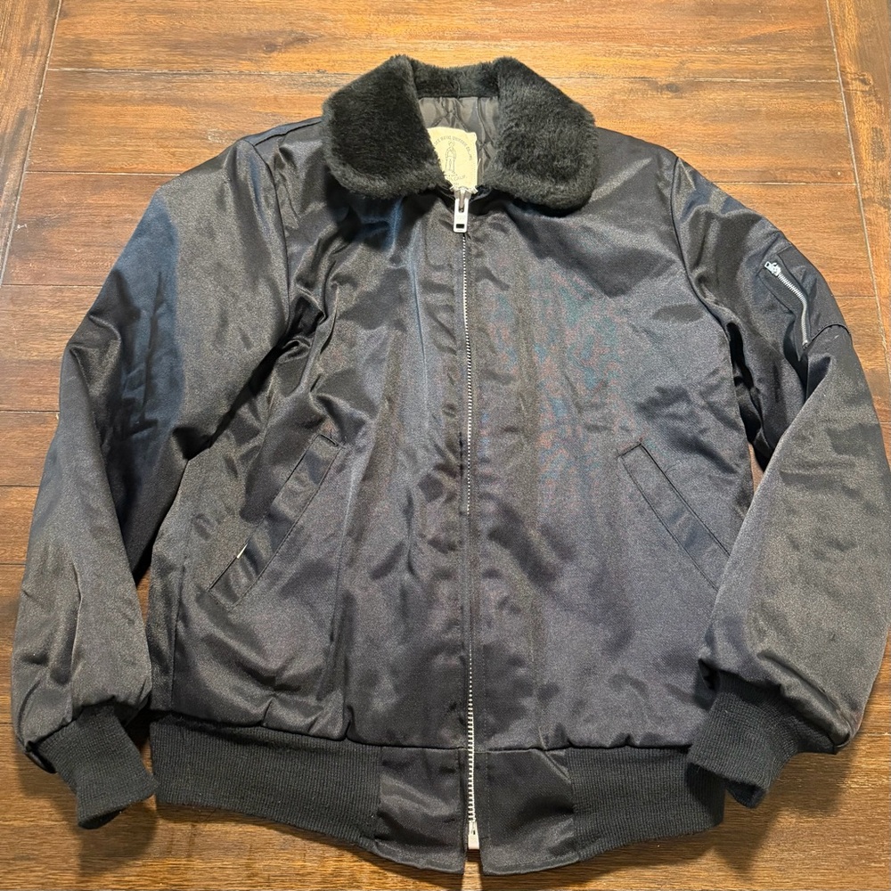 Vtg 80s Flight Jacket Medium Black Faux Fur Collar Quilted Bomber Nylon Men S-M